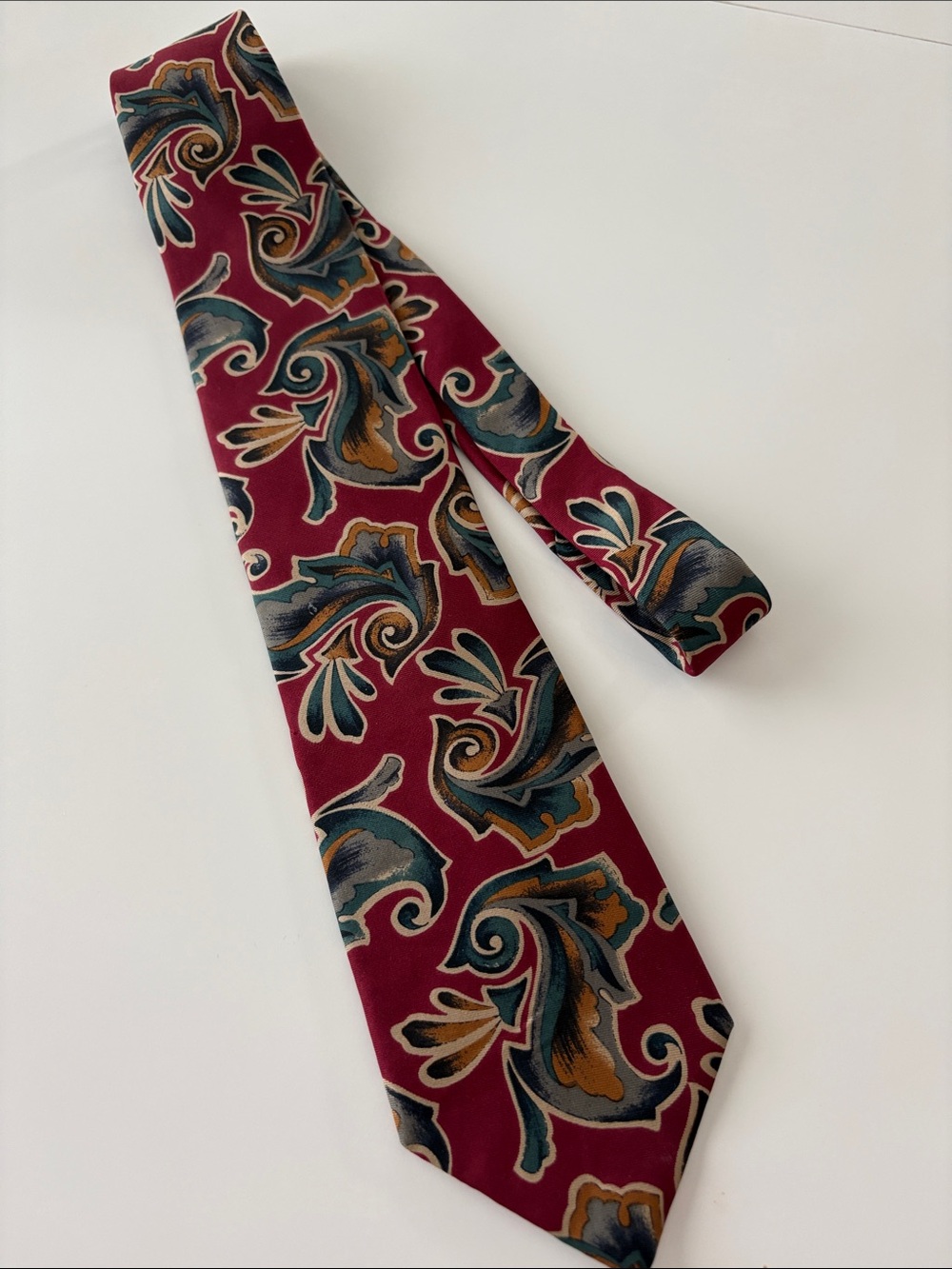 Dior Burgundy Paisley Silk Necktie with Teal and Gold Accents, Great Condition